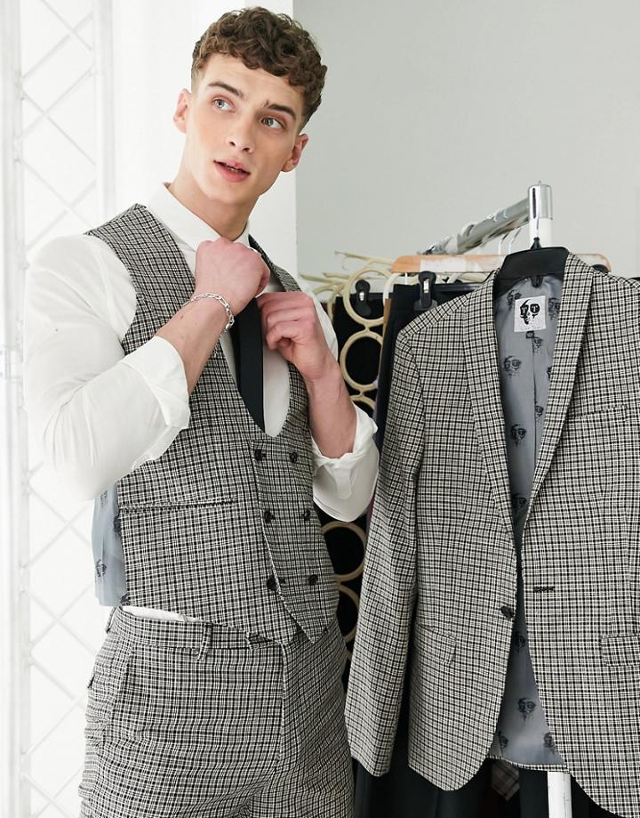 Twisted Tailor Pudwill Suit Vest In Beige And Navy Micro Check-multi