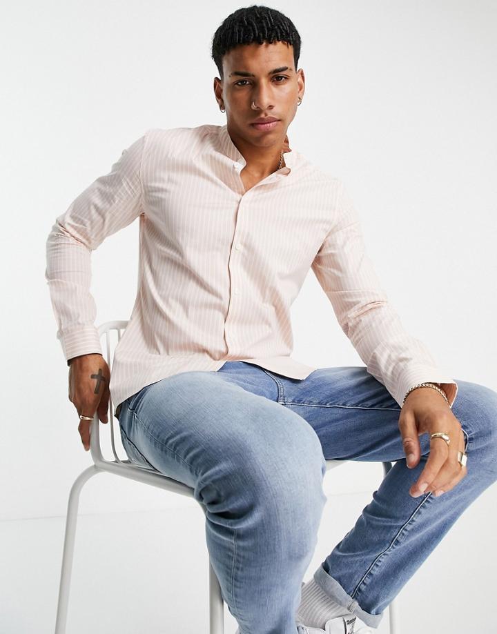 Asos Design Slim Fit Shirt With Vertical Stripe In Pink-navy