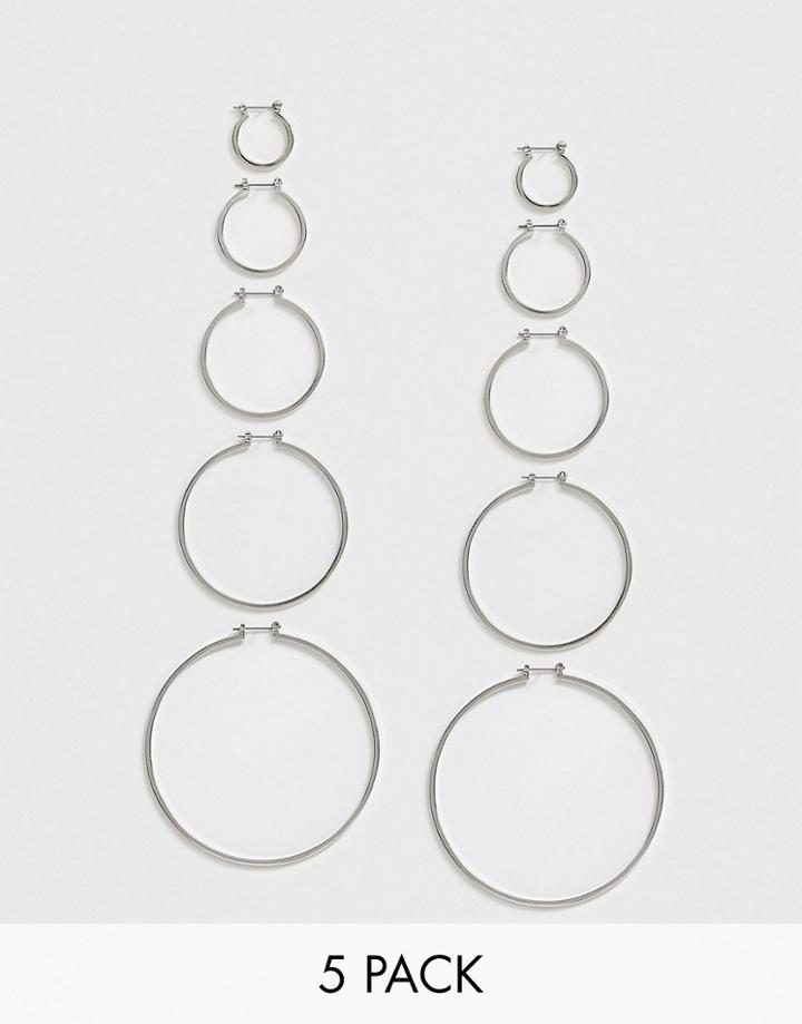 Asos Design Pack Of 5 Hoop Earrings In Mixed Size In Silver Tone