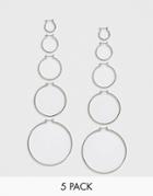 Asos Design Pack Of 5 Hoop Earrings In Mixed Size In Silver Tone