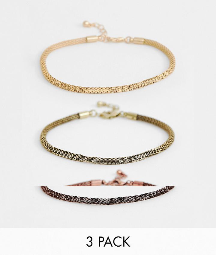 Asos Design 3 Pack Mesh Chain Bracelets In Gold Tone - Gold
