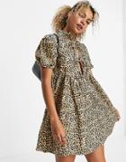 Violet Romance Cotton Polin Mini Dress In Leopard Print With Tie Front-multi