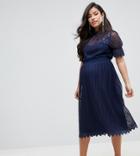 Tfnc Maternity High Neck Pleated Lace Midi Dress With Smoked Waist - Navy