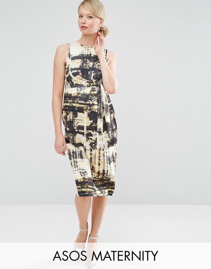 Asos Maternity Knot Side Midi Dress In Abstract Print - Multi