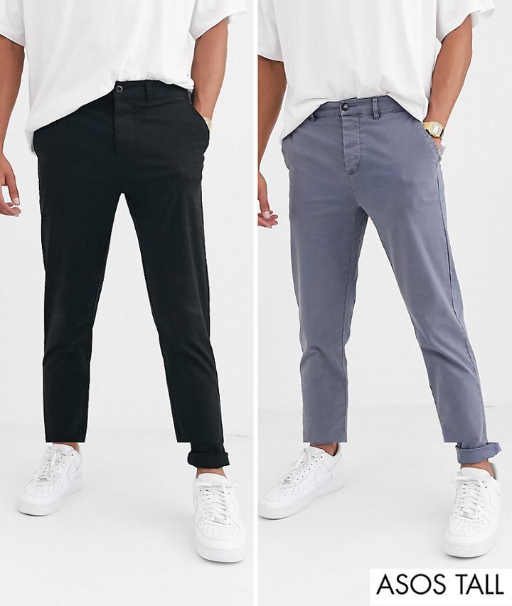 Asos Design Tall 2 Pack Slim Chinos In Washed Blue & Black Save-multi