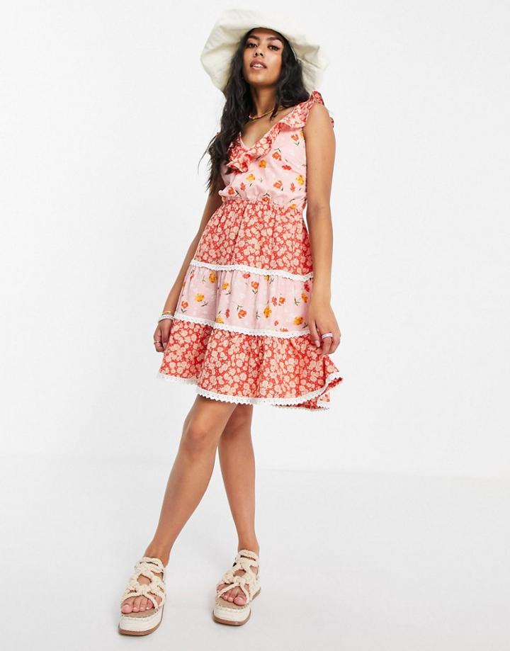 Asos Design Textured Tiered Mini Skater Sundress With Lace Up Back In Mixed Floral-multi