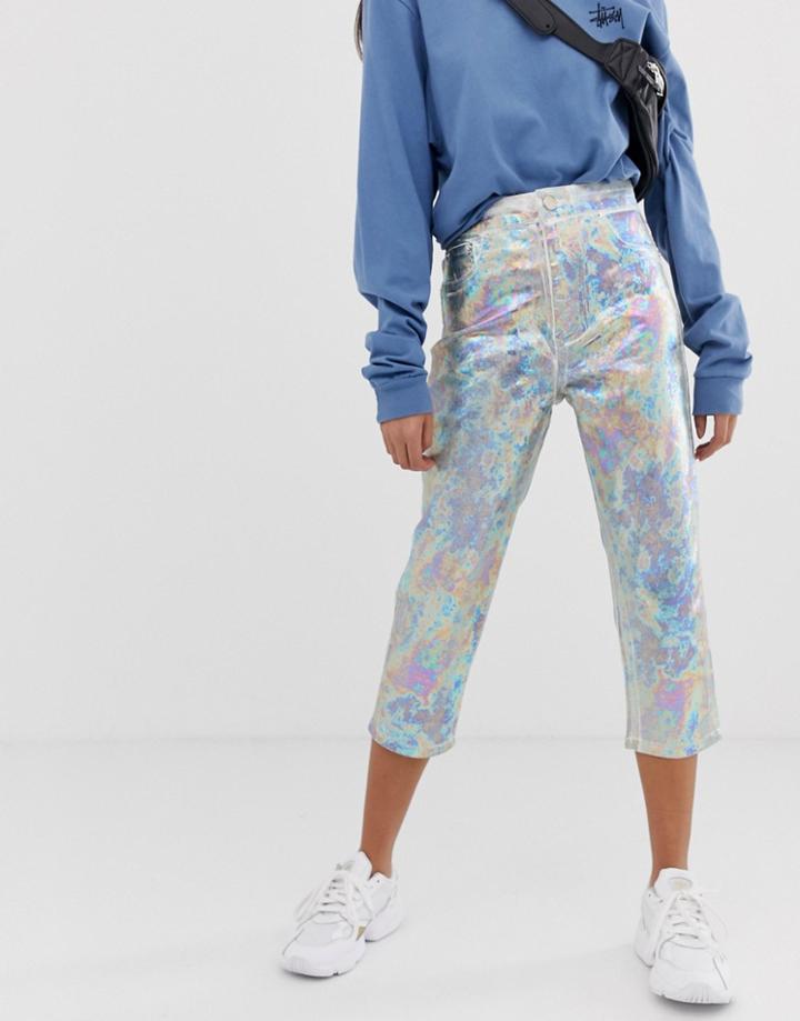 Asos Design Farleigh Crop Slim Mom High Waisted Jeans In Optic White With Pearl Metallic Coating - White