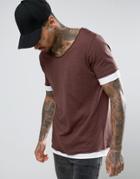 Asos Longline T-shirt In Textured Fabric With Raw Scoop Neck And Layered Cuff - Brown