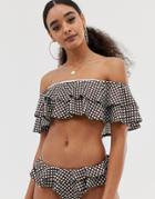 Prettylittlething Frill Detail Bardot Bikini Top In Chocolate Polka Dot - Multi