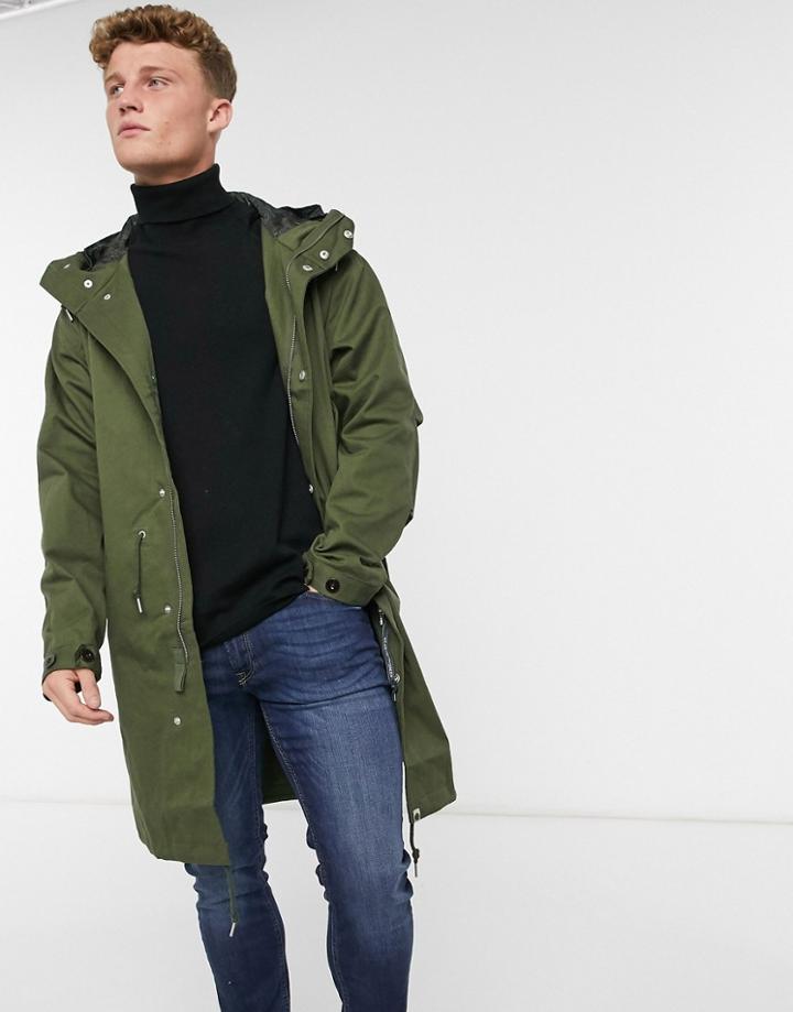Pretty Green Lomas Longline Parka Jacket In Khaki