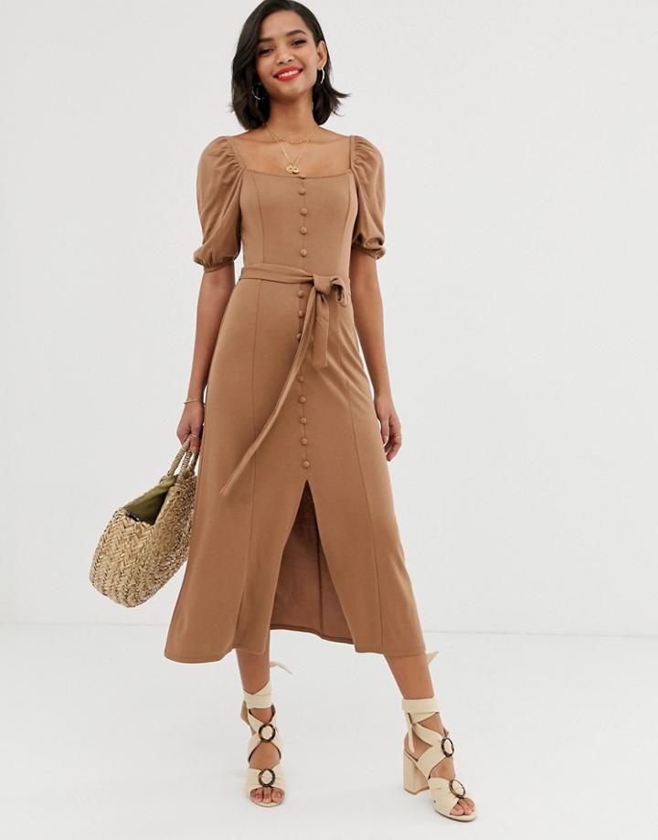 Asos Design Midi Button Through Square Neck Dress With Belt - Beige