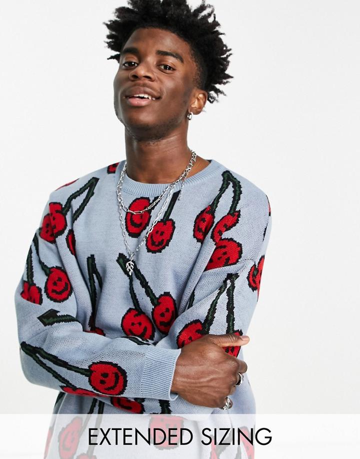 Asos Design Oversized Sweater With Cherry Jacquard Design-blue