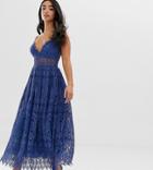 Asos Design Petite Lace Cami Midi Prom Dress-blue