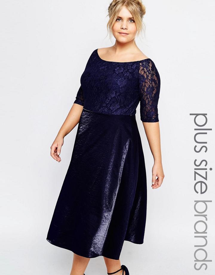 Truly You Lace Bardot Full Skirt Midi Dress - Navy
