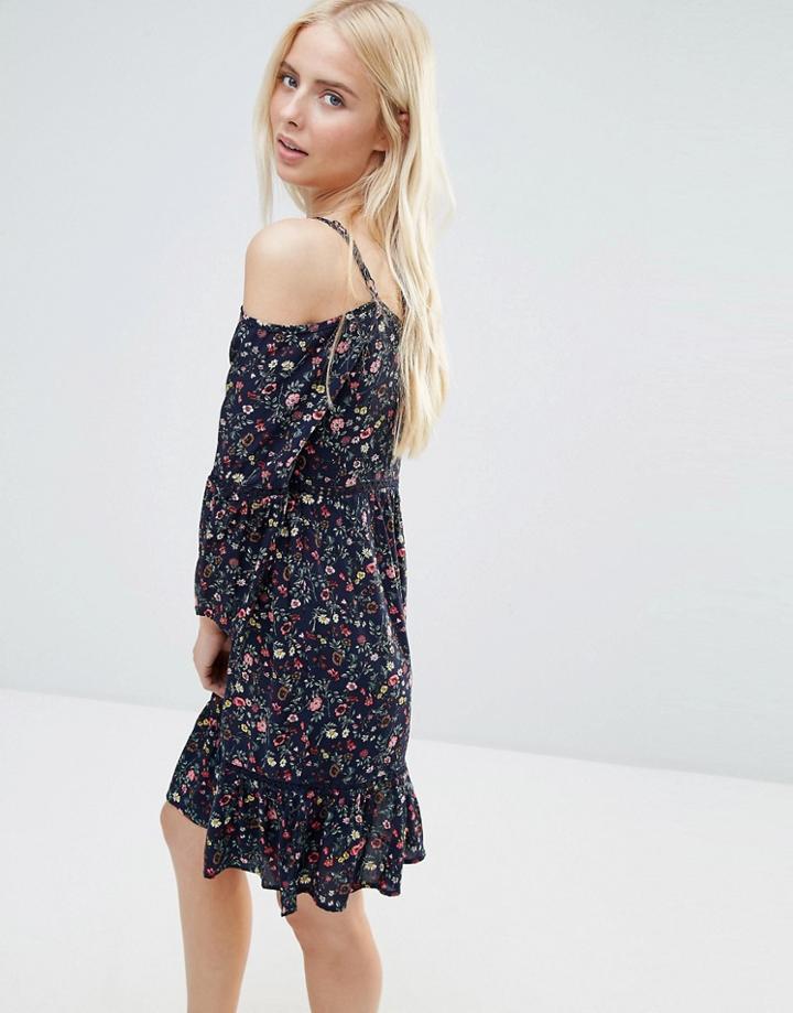 Qed London Cold Shoulder Ditsy Print Swing Dress - Navy