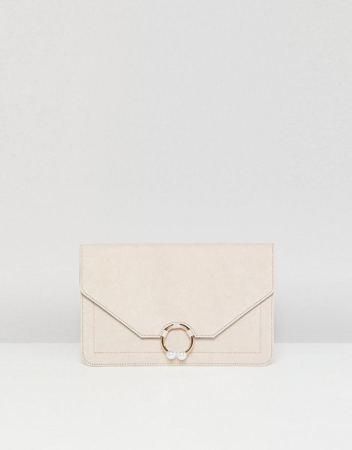 Asos Design Clutch Bag With Ring Pearl Detail - Cream