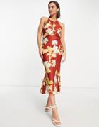 Asos Design Knot Front Satin Midi Dress With Tie Back Detail In Red Hydrangea Print-multi