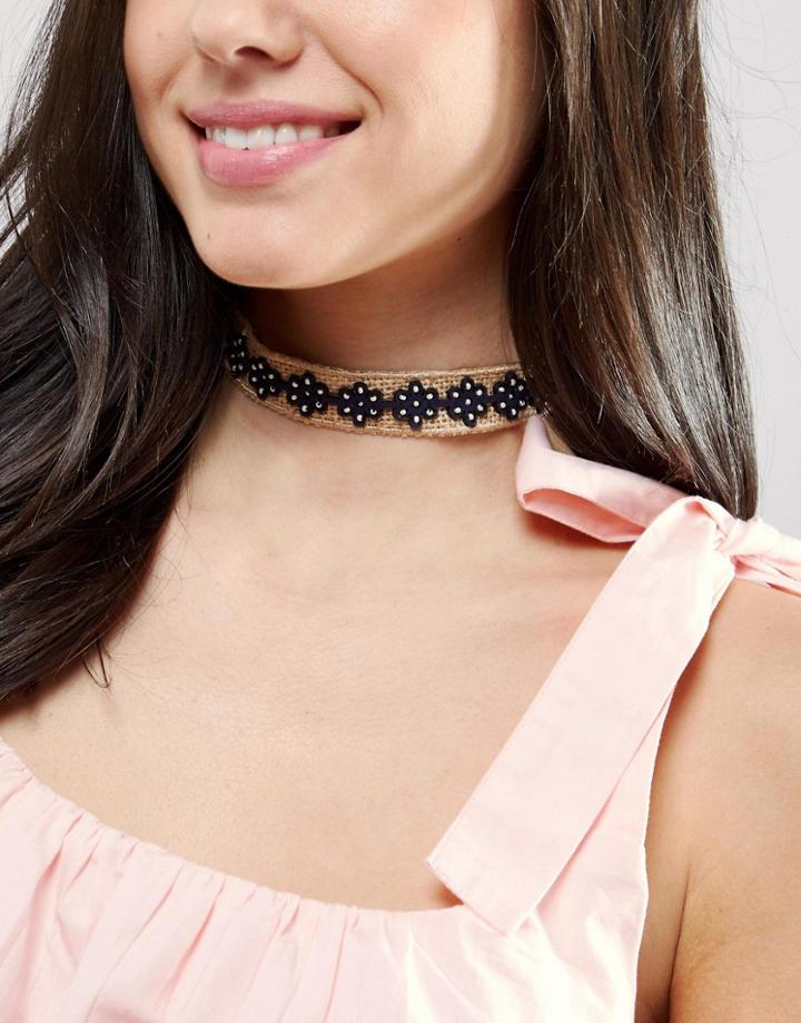 Asos Raffia Flower Choker Necklace - Brown