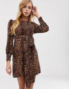 Boohoo Tie Waist Dress With Puff Sleeves In Leopard Print - Multi