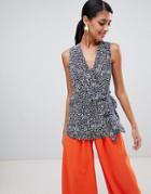 Warehouse Spiral Print Knot Front Top In Multi - Navy