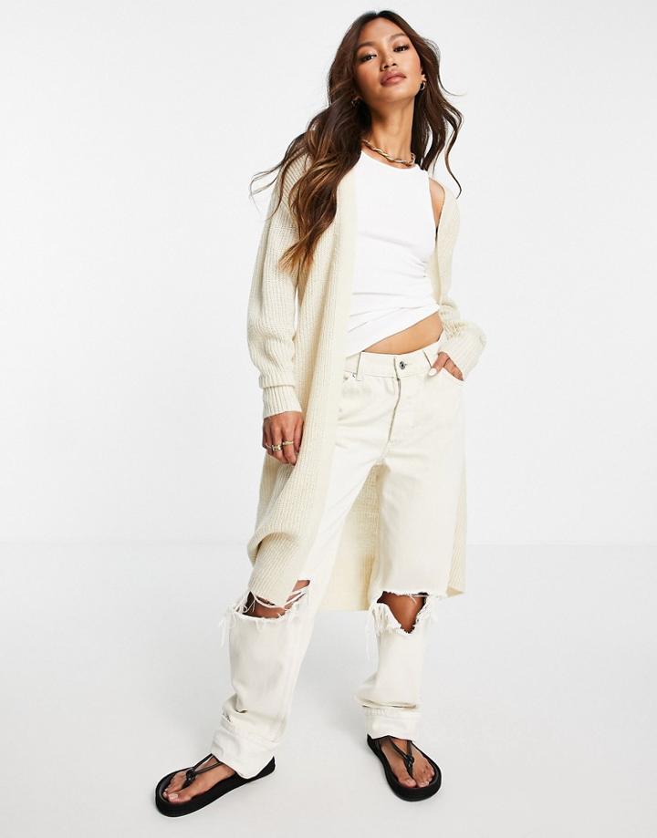 Vila Knit Maxi Cardigan With Tie Waist In Cream-white