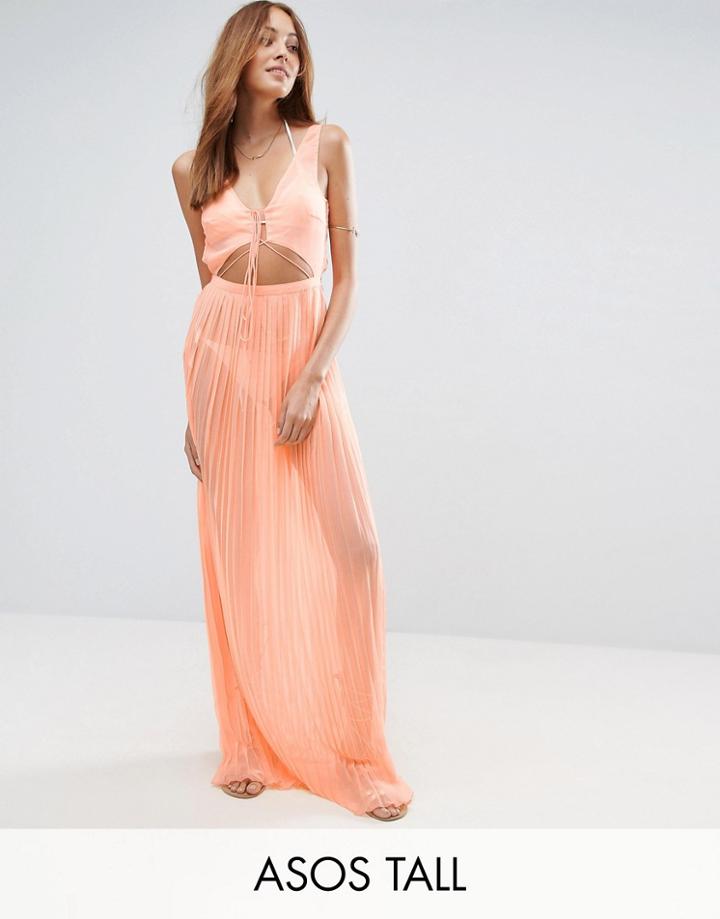 Asos Tall Pleated Beach Maxi Dress With Strapping - Orange