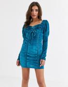 Asos Design Velvet Broderie Mini Dress With Lace Up Front In Blue-blues