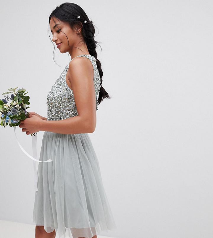 Maya Petite Sleeveless Sequin Bodice Tulle Detail Mini Bridesmaid Dress With Cutout Back - Green