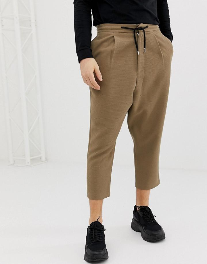 Asos Design Drop Crotch Tapered Pants In Camel With Chocolate Drawcord - Beige