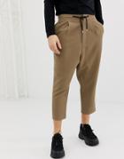 Asos Design Drop Crotch Tapered Pants In Camel With Chocolate Drawcord - Beige