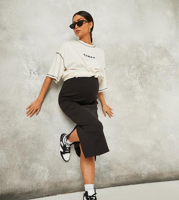 Missguided Maternity Slit Side Ribbed Midi Skirt In Black