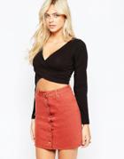 Fashion Union Wrap Front Crop Top With Long Sleeve - Black