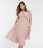 Asos Design Curve Exclusive Pleated Midi Dress With Kimono Sleeve And Tie Waist-pink