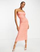 River Island Ruched Bandeau Midi Dress In Pink