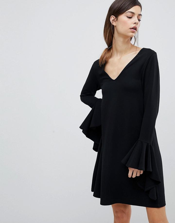 Asos Frill Cuff Mini Shift Dress In Ponte - Black