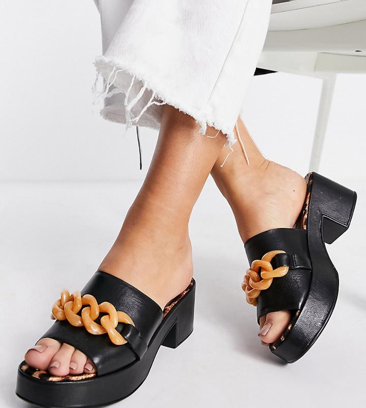 Asos Design Wide Fit Heidi Premium Leather Chain Detail Platform Mid Heel Sandals In Black