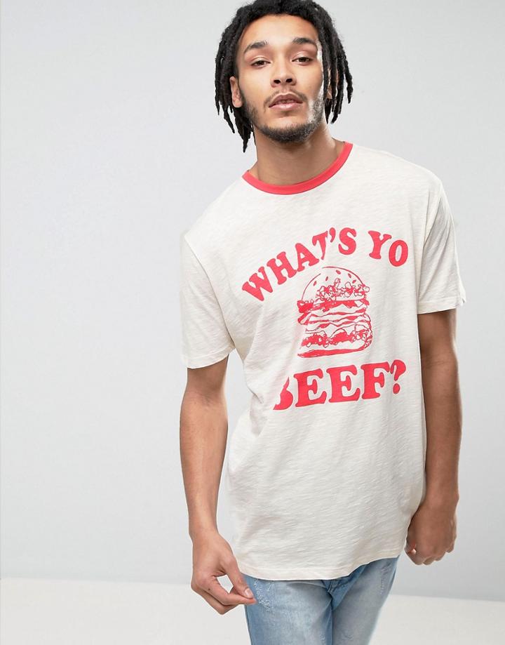 Asos Longline T-shirt In Slub And What's Yo Beef Print - White