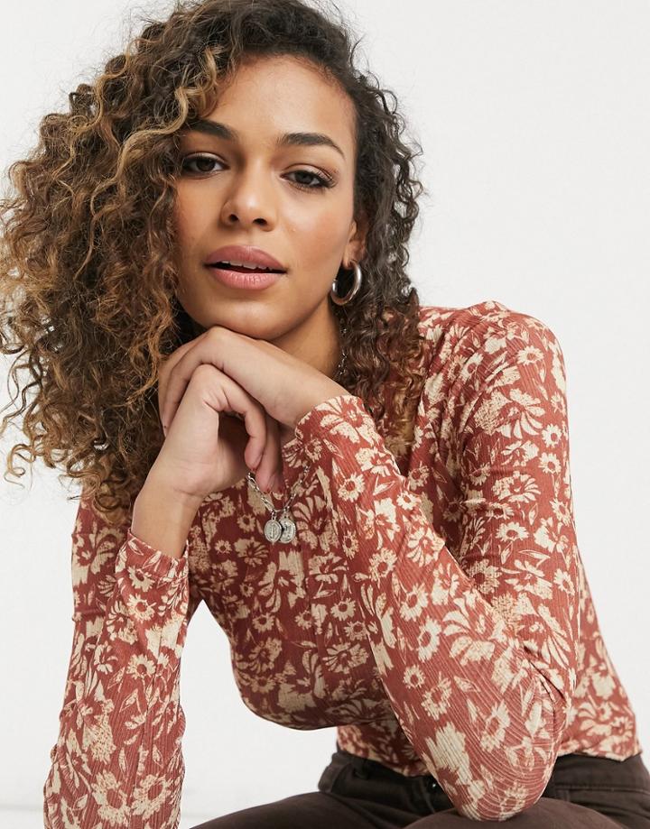 Topshop Floral Print Long Sleeve Mesh Top In Brown