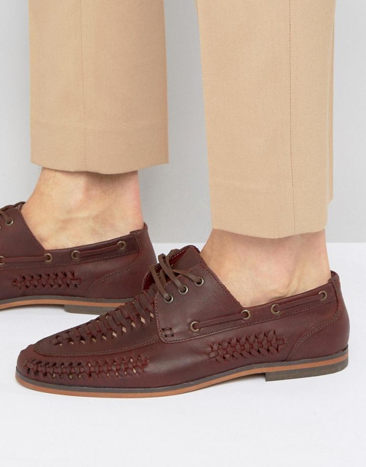 Asos Lace Up Shoes In Woven Burgundy Leather - Red