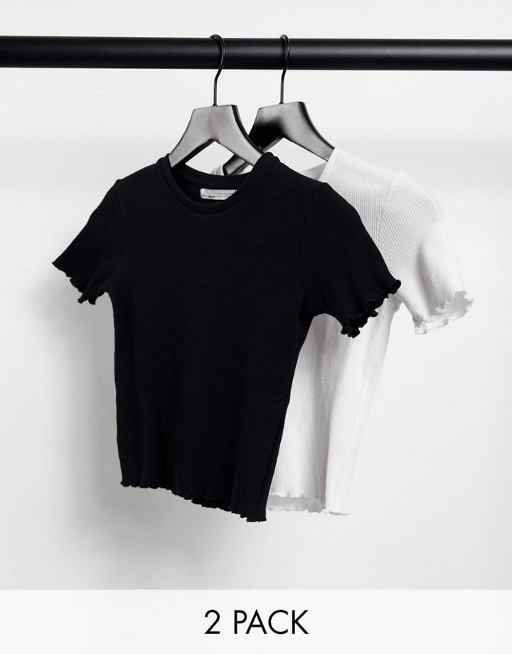 Pull & Bear 2 Pack Lettuce Edge Cropped T-shirt In Black And White-multi
