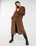 Liquorish Maxi Straight Faux Fur Coat In Animal Print-brown
