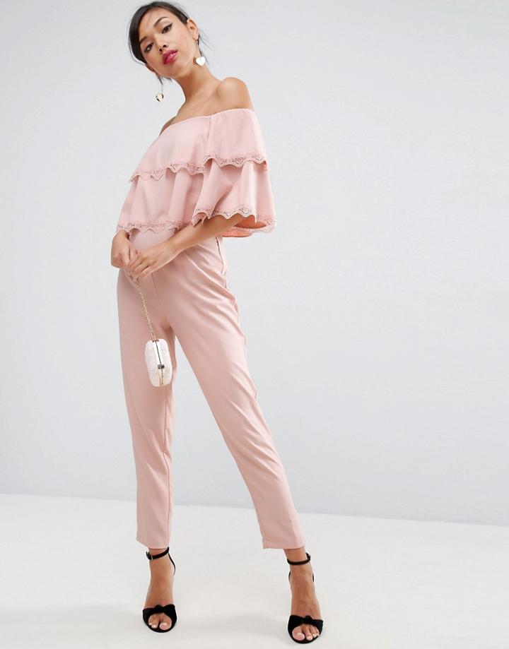 Asos Jumpsuit With Double Ruffle Bardot And Lace Trim Detail - Pink