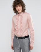Asos Regular Fit Shirt With Ruffle Front In Pink - Pink