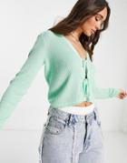 Vila Ribbed Cardigan With Tie Front In Mint Green