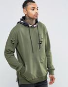 Illusive London Hoodie With Distressing And Side Zips - Green