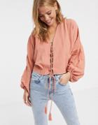 Asos Design Long Sleeve Top In Natural Crinkle With Tie Front Detail-pink