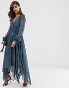 Asos Design Soft Midi Dress With Embroidered Waist Detail In Washed Chiffon - Blue