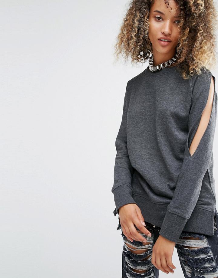 Daisy Street Longline Top With Cold Shoulder Split Sleeves - Gray