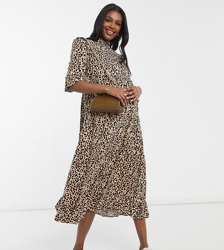 New Look Maternity Frill Detail Midi Dress In Animal Print-brown