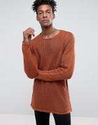 Asos Longline Knitted Textured Mesh Sweater In Rust - Orange